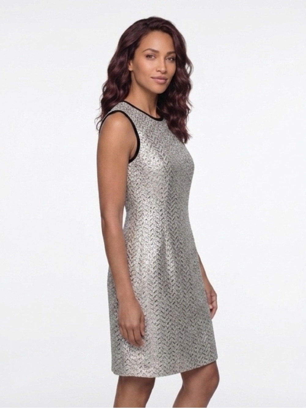 Shoshanna Silver Metallic Mini Dress with Black Trimmed Neckline